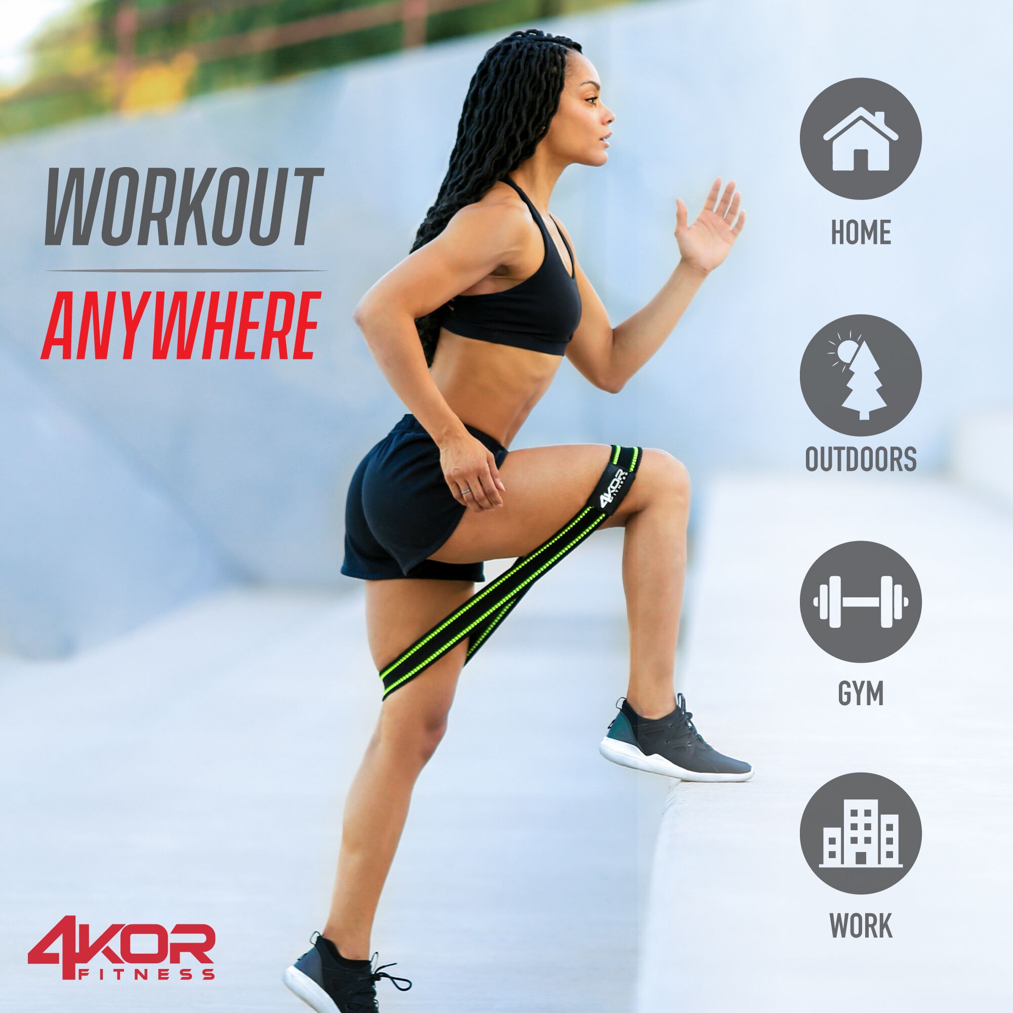 Female athlete running outdoors with black 4KOR Fitness band above knees, Workout Anywhere icons for Home, Outdoors, Gym, and Work