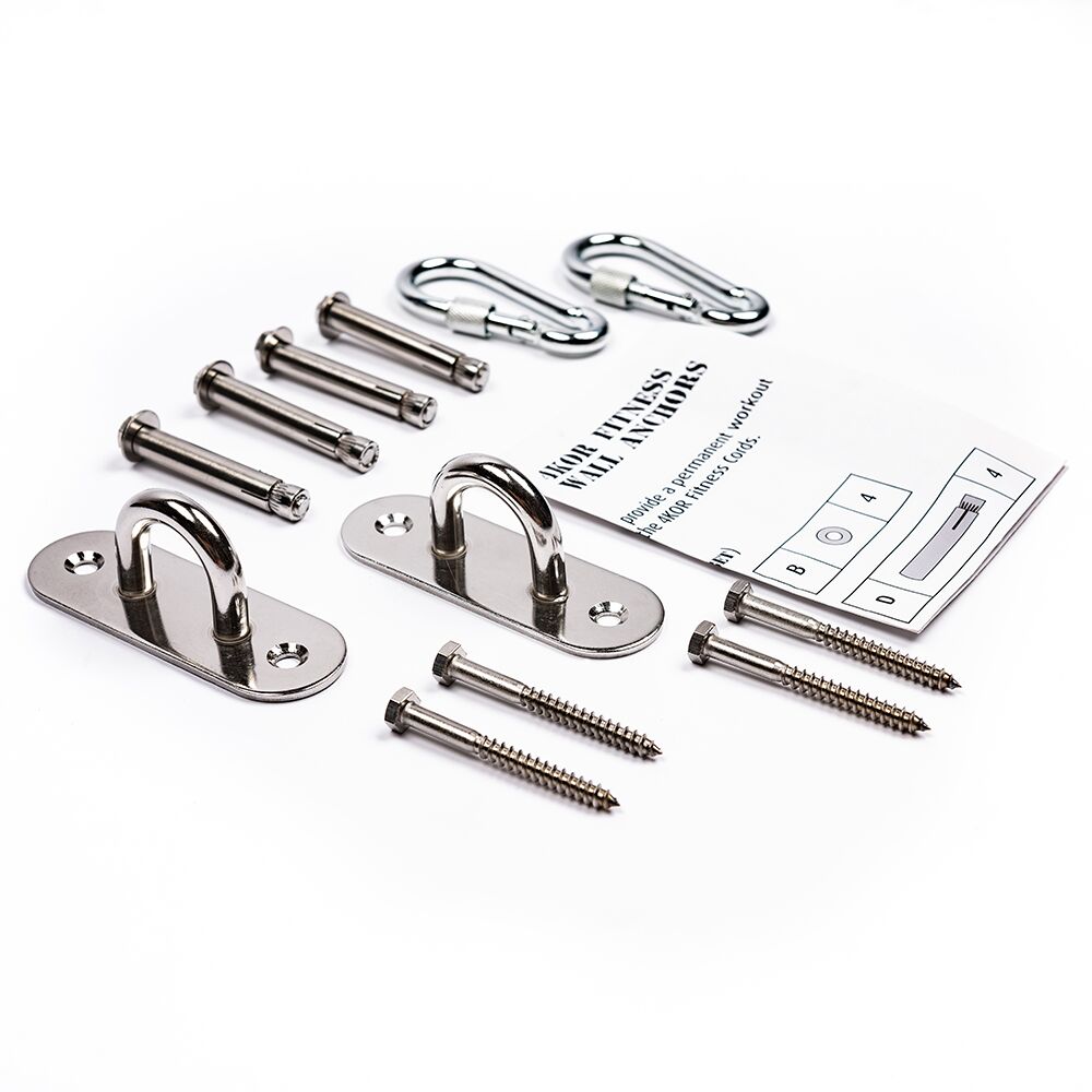 4KOR Fitness Wall Anchors kit with two stainless steel plate anchors, U-ring mounts, bolts, and carabiner clips for resistance cord training