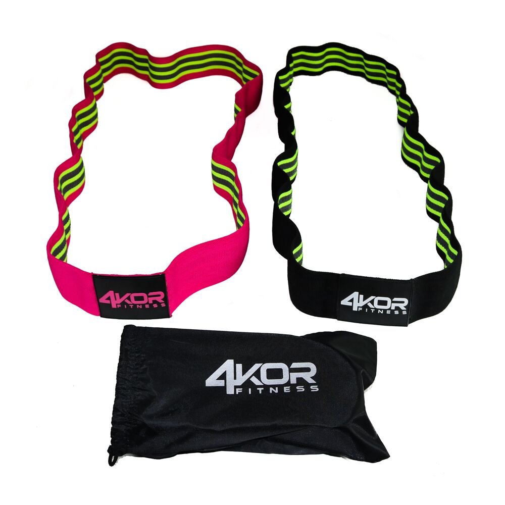 4KOR Fitness figure-8 fabric resistance bands in pink and black with neon green stripes and storage bag for lower body training