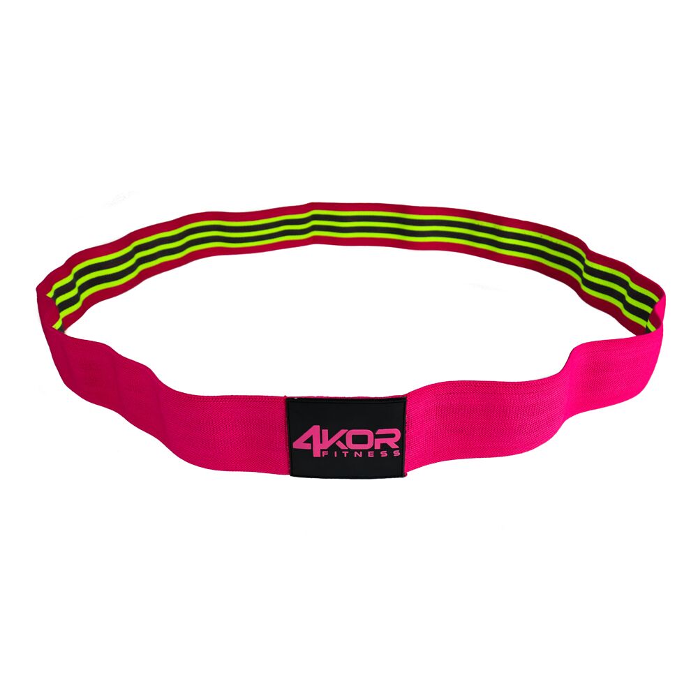 4KOR Fitness pink figure-8 fabric resistance band with neon green stripe pattern for lower body and glute training