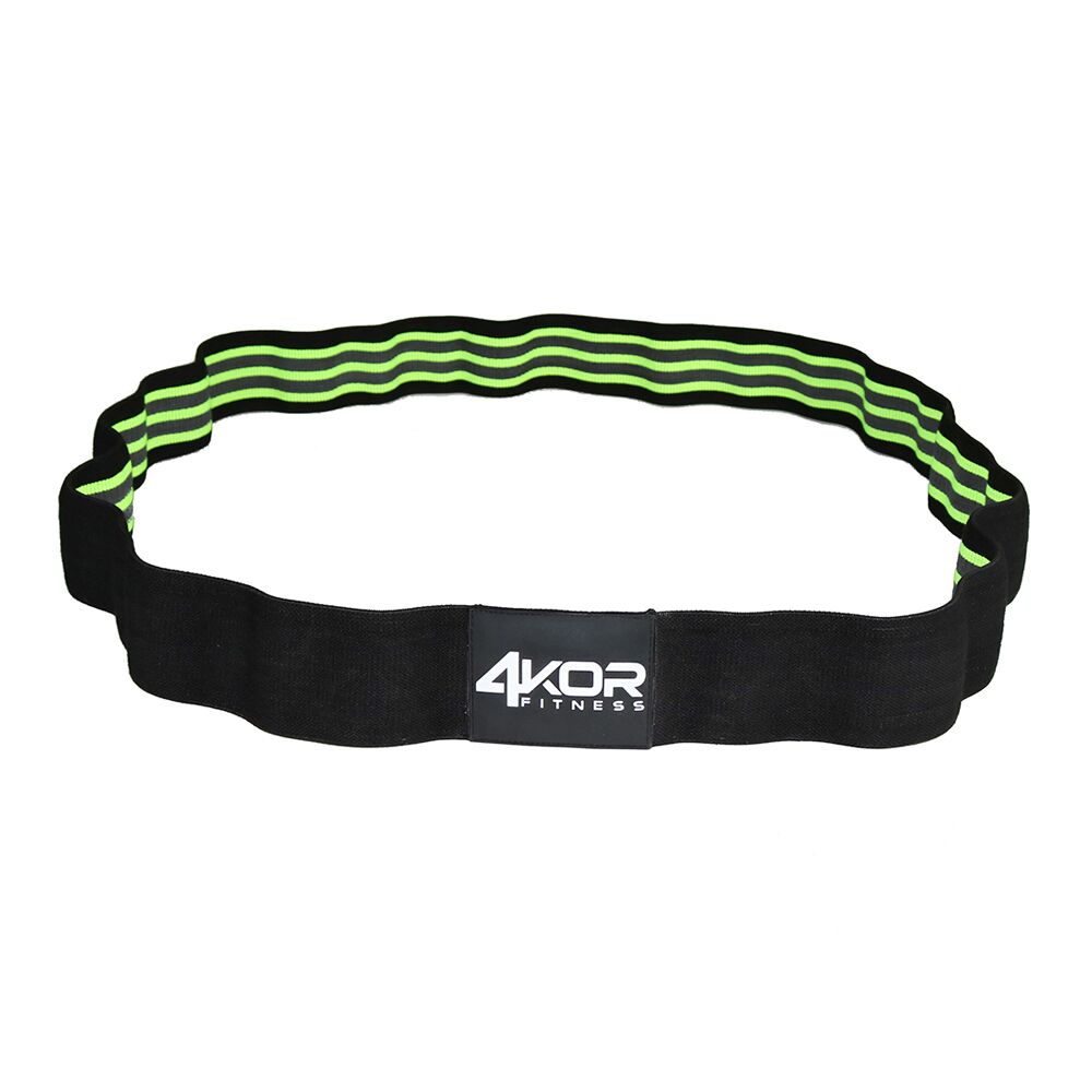 4KOR Fitness black figure-8 fabric resistance band with neon green stripe pattern for lower body and glute training