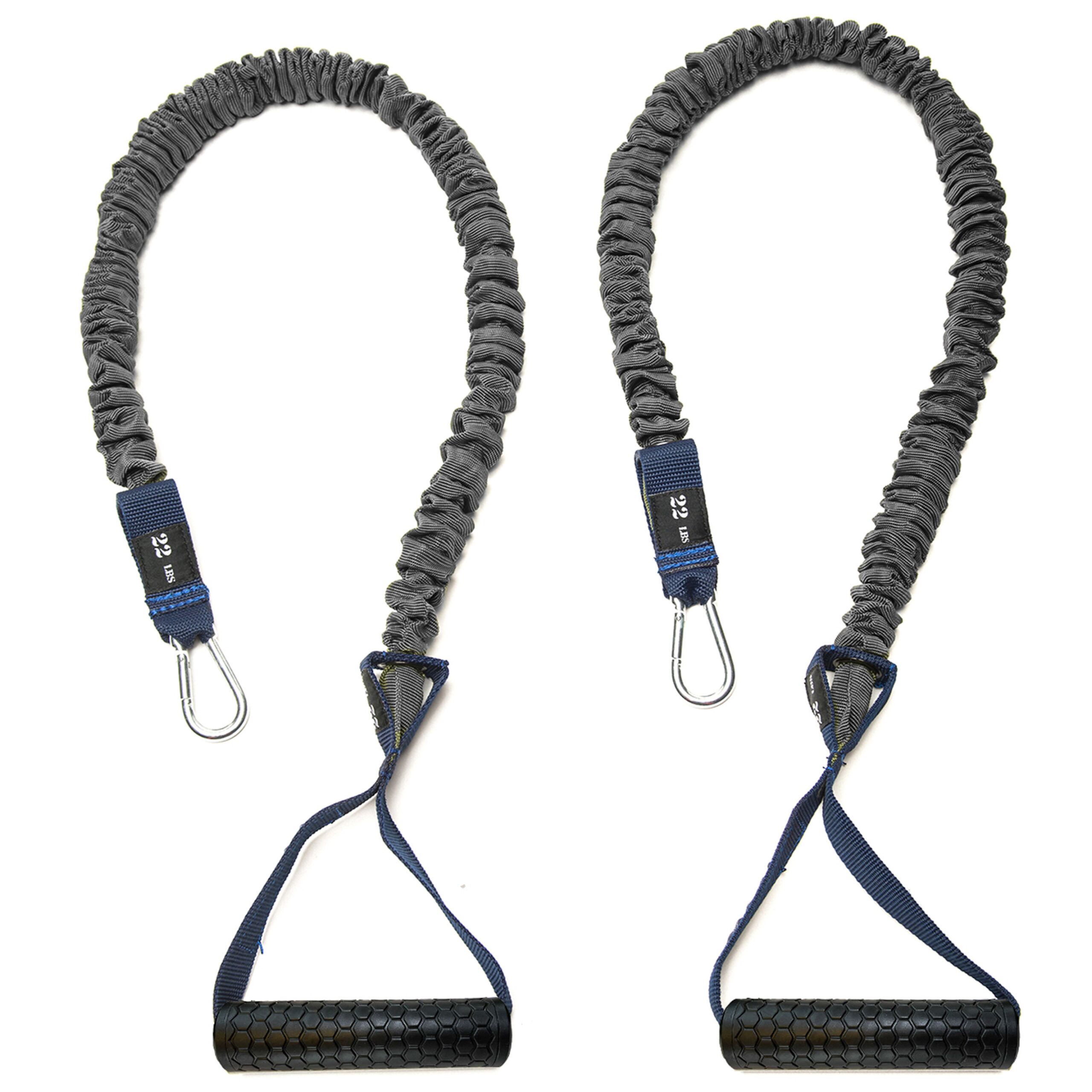 4KOR 22 lb Resistance Cord Pair with gray safety sleeve cords and navy blue handles