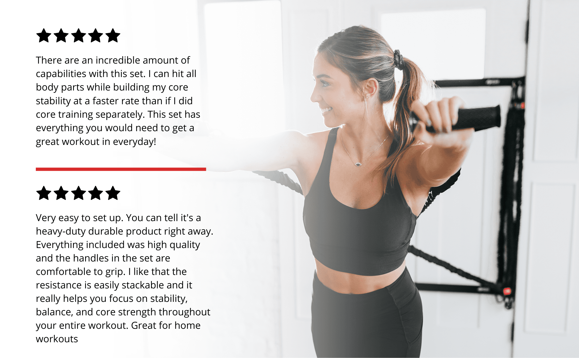 Smiling female athlete pulling cord from door anchor lateral fly; two 5-star reviews praising full-body workout capabilities and durable quality