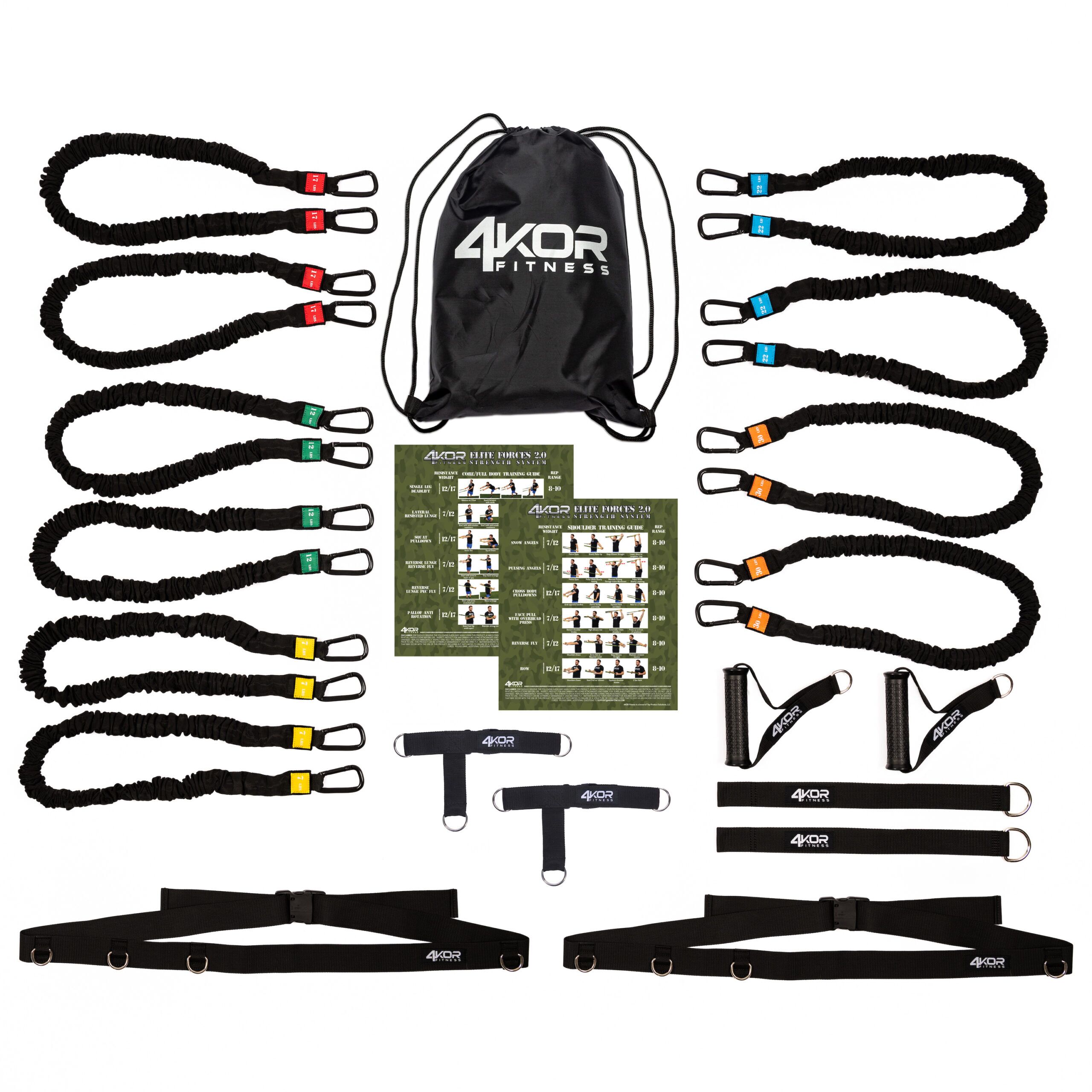 4KOR Fitness 5-level resistance cord system flatlay: 10 color-coded cords, carry bag, handles, foot straps, door anchors, and exercise charts