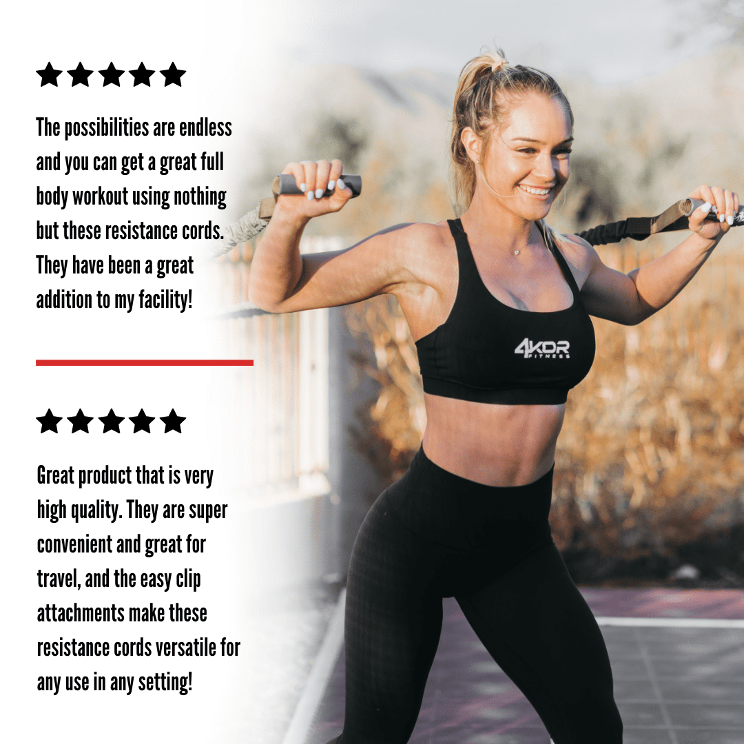 Smiling blonde female in 4KOR Fitness sports bra pulling cords wide outdoors, back to camera, two 5-star customer reviews