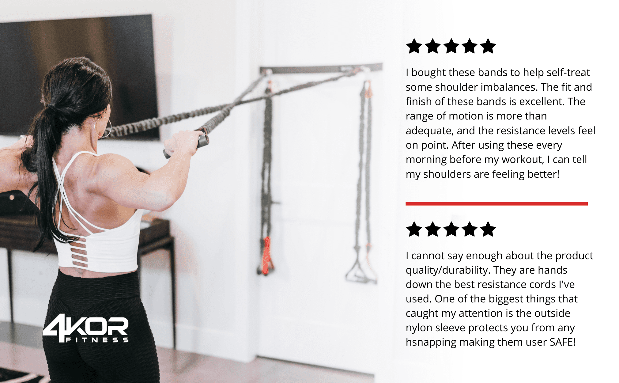 Female pulling cords from door anchor, back to camera, two 5-star reviews praising shoulder improvement and cord quality