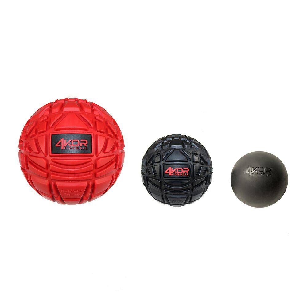 4KOR Fitness Fireball recovery massage balls in three sizes: large red textured, medium black textured, and small smooth for muscle recovery
