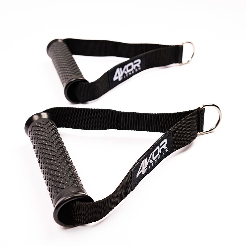 Pair of 4KOR Fitness black rubber grip resistance cord handles with nylon straps and D-ring connectors for resistance training