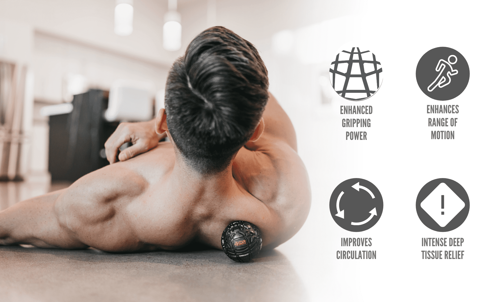 4KOR Fitness Fireball feature icons: Enhanced Gripping, Range of Motion, Circulation, Deep Tissue Relief, male athlete using black Fireball on upper back