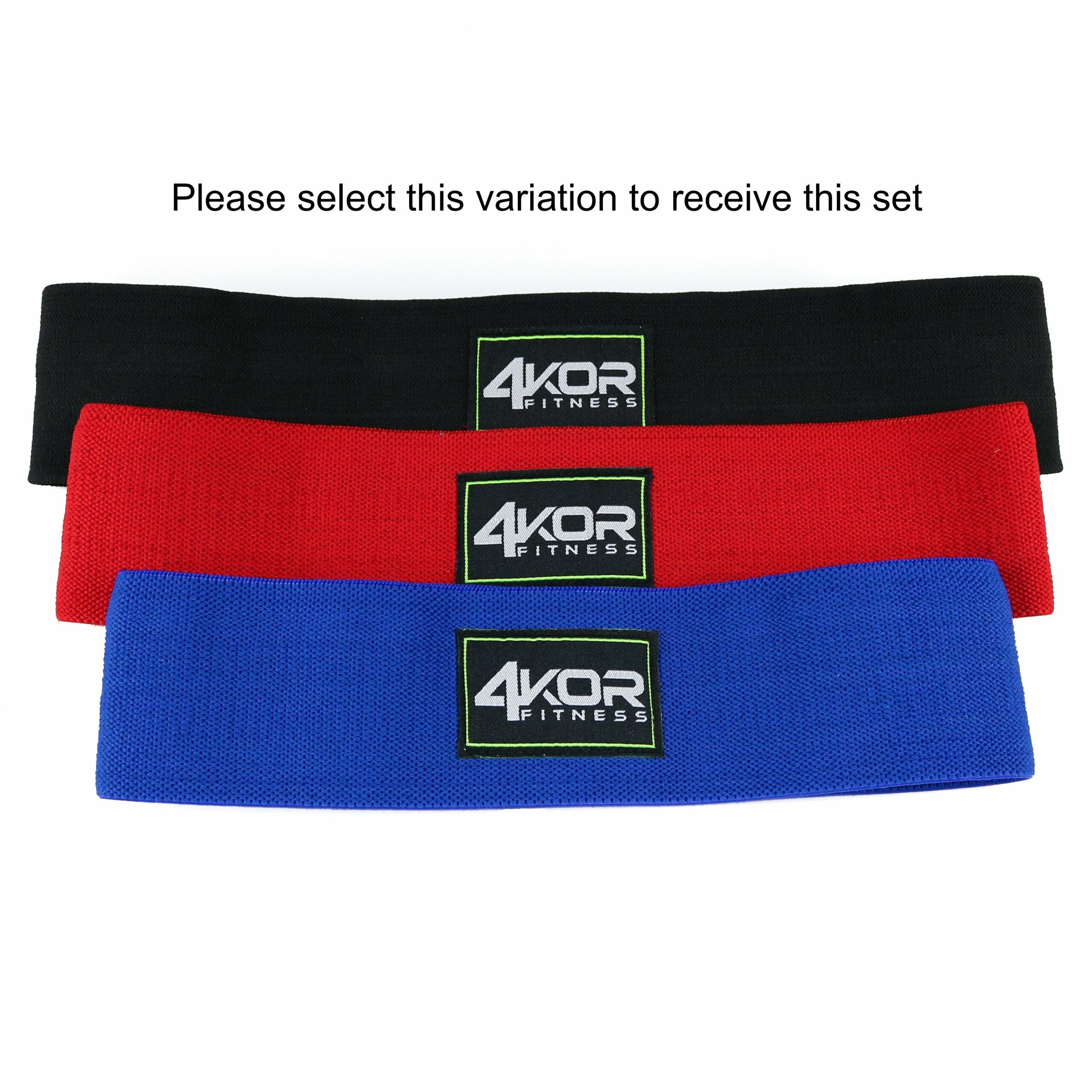 4KOR Fitness Non-Slip Fabric Resistance Bands in black, red, and blue, stacked flat with variation selection text overlay