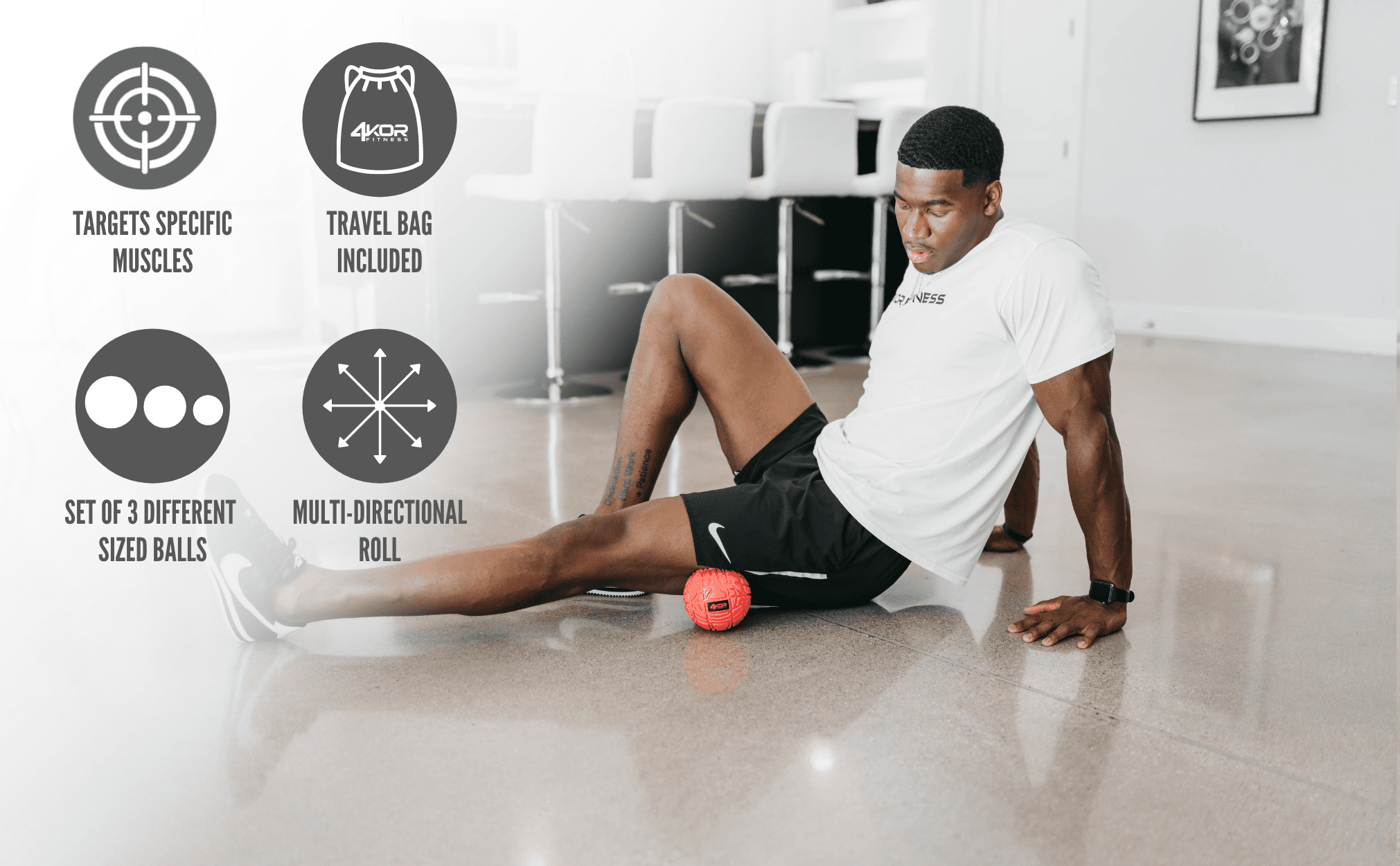 Male athlete using red 4KOR Fitness massage ball on floor; icons: Targets Specific Muscles, Travel Bag Included, 3 Ball Sizes, Multi-Directional Roll