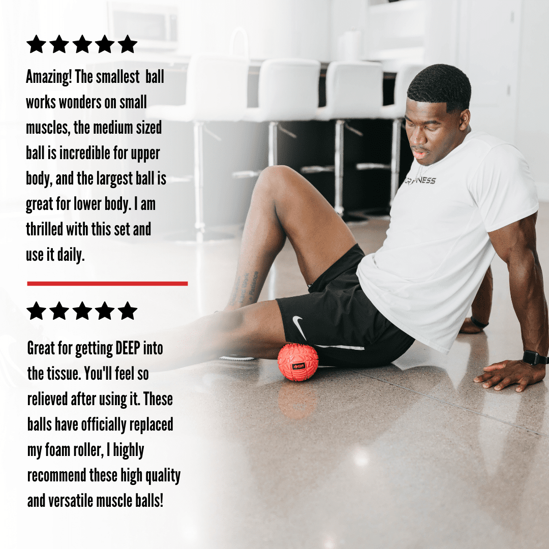 4KOR Fitness Fireball massage ball 5-star customer reviews, male athlete in 4KOR t-shirt rolling red Fireball on calf, floor setting