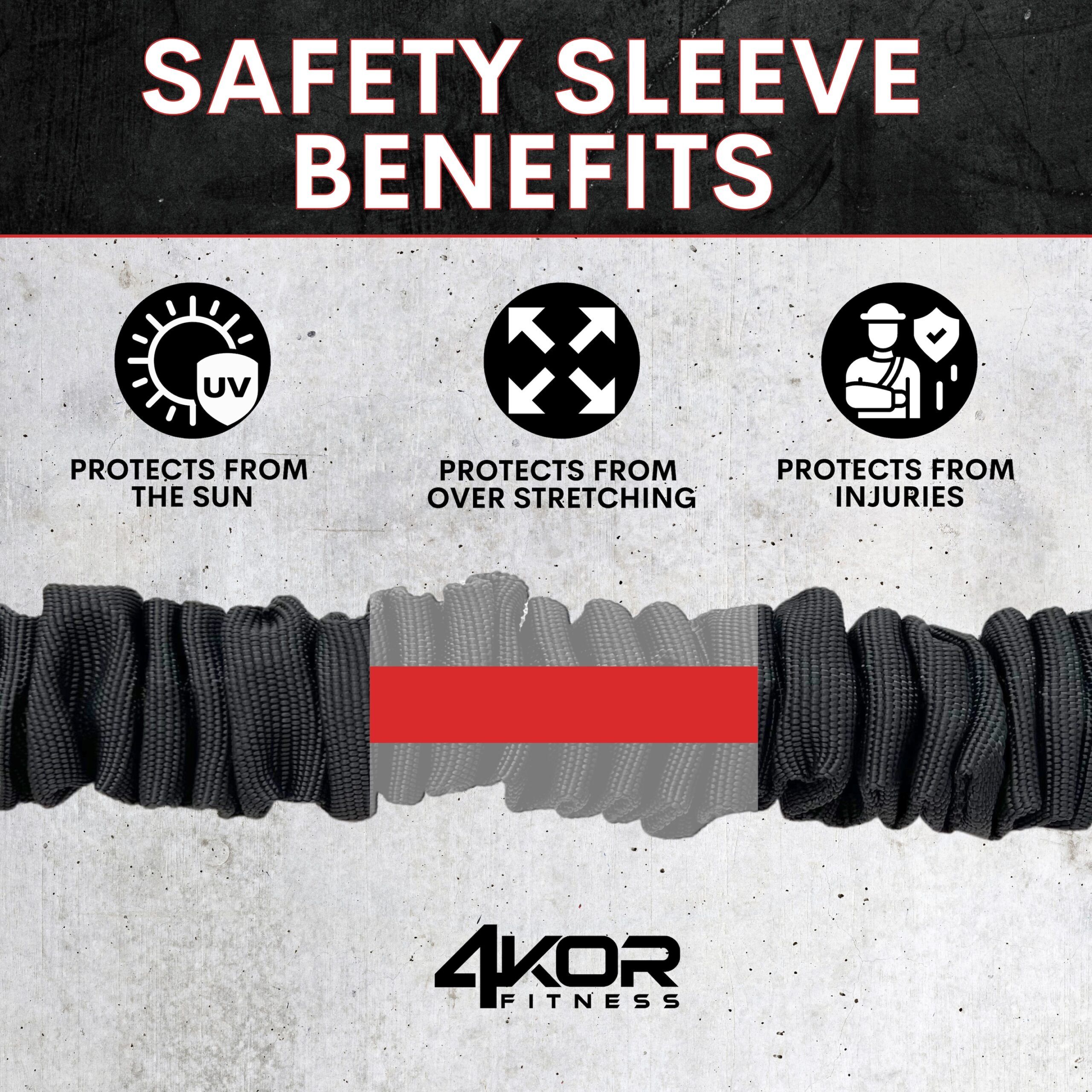 4KOR Safety Sleeve Benefits: protects resistance cords from sun, over-stretching, and injuries